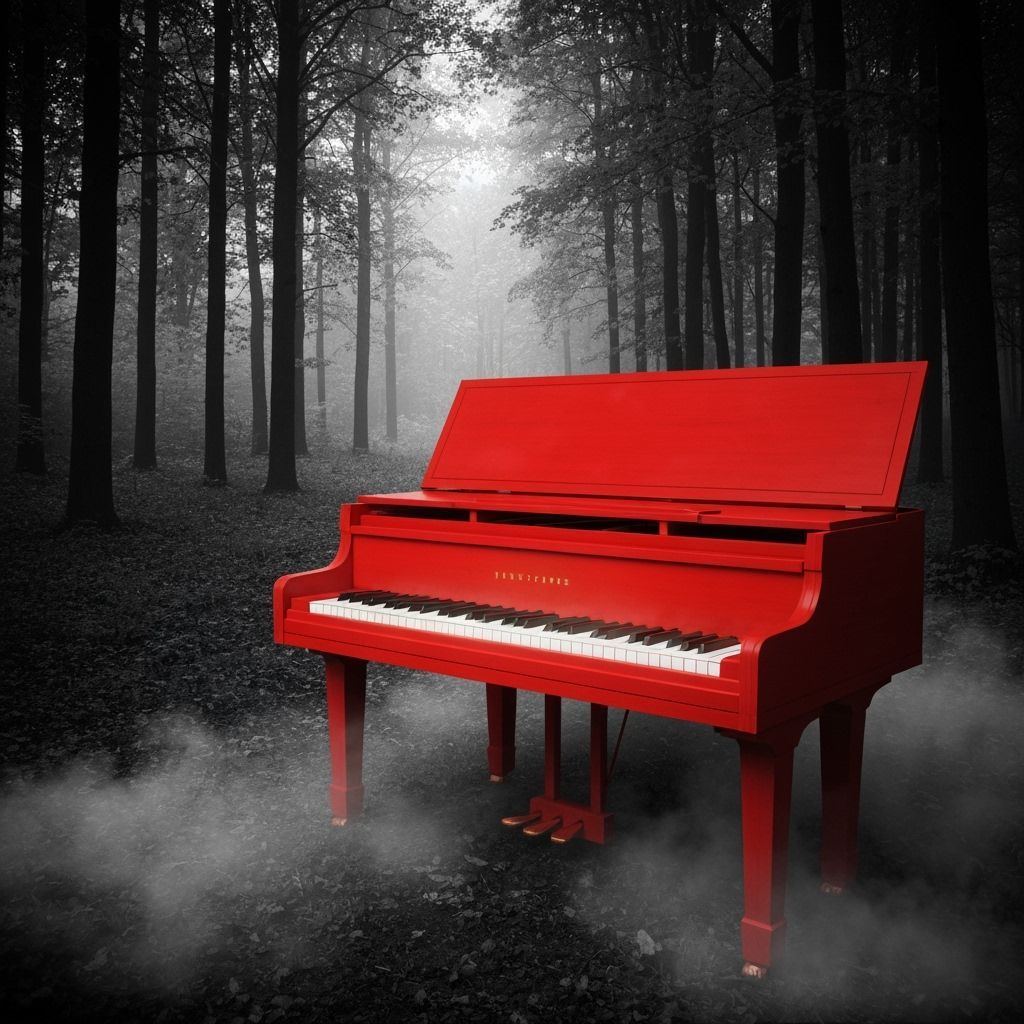 Red Piano in Black and White Forest