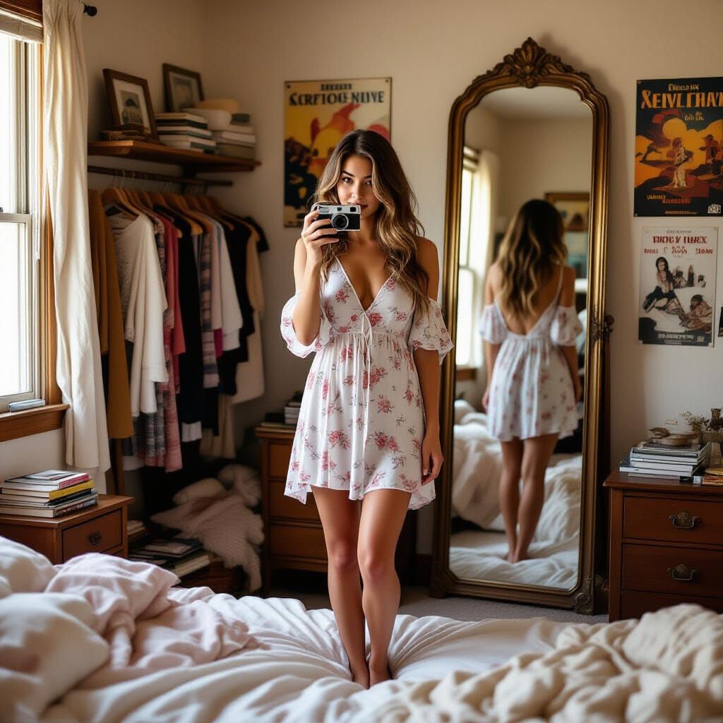 Vintage Camera Selfie in Cozy Bedroom with Soft Lighting