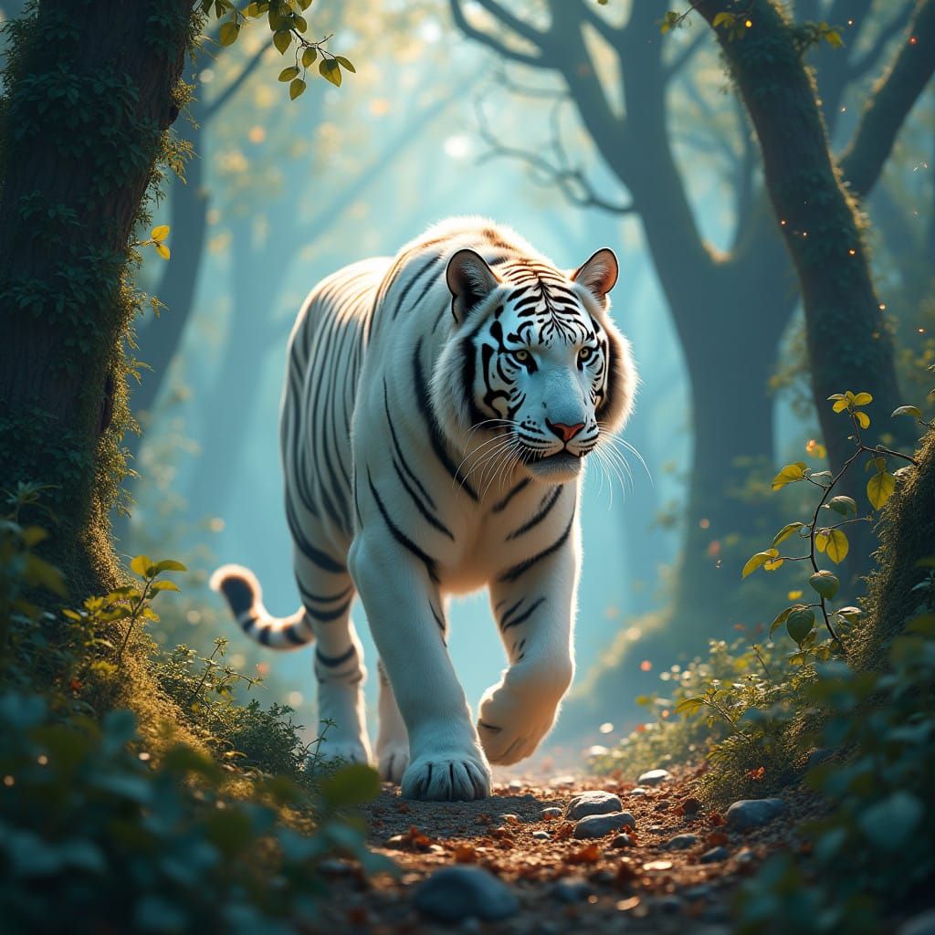 Majestic White Tiger in Vibrant, Golden Dreamscape