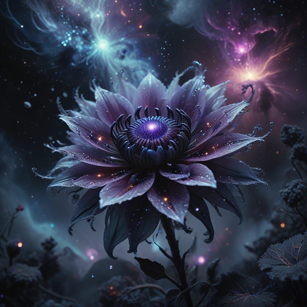 Cosmic Black Flower Blooms in Nebula