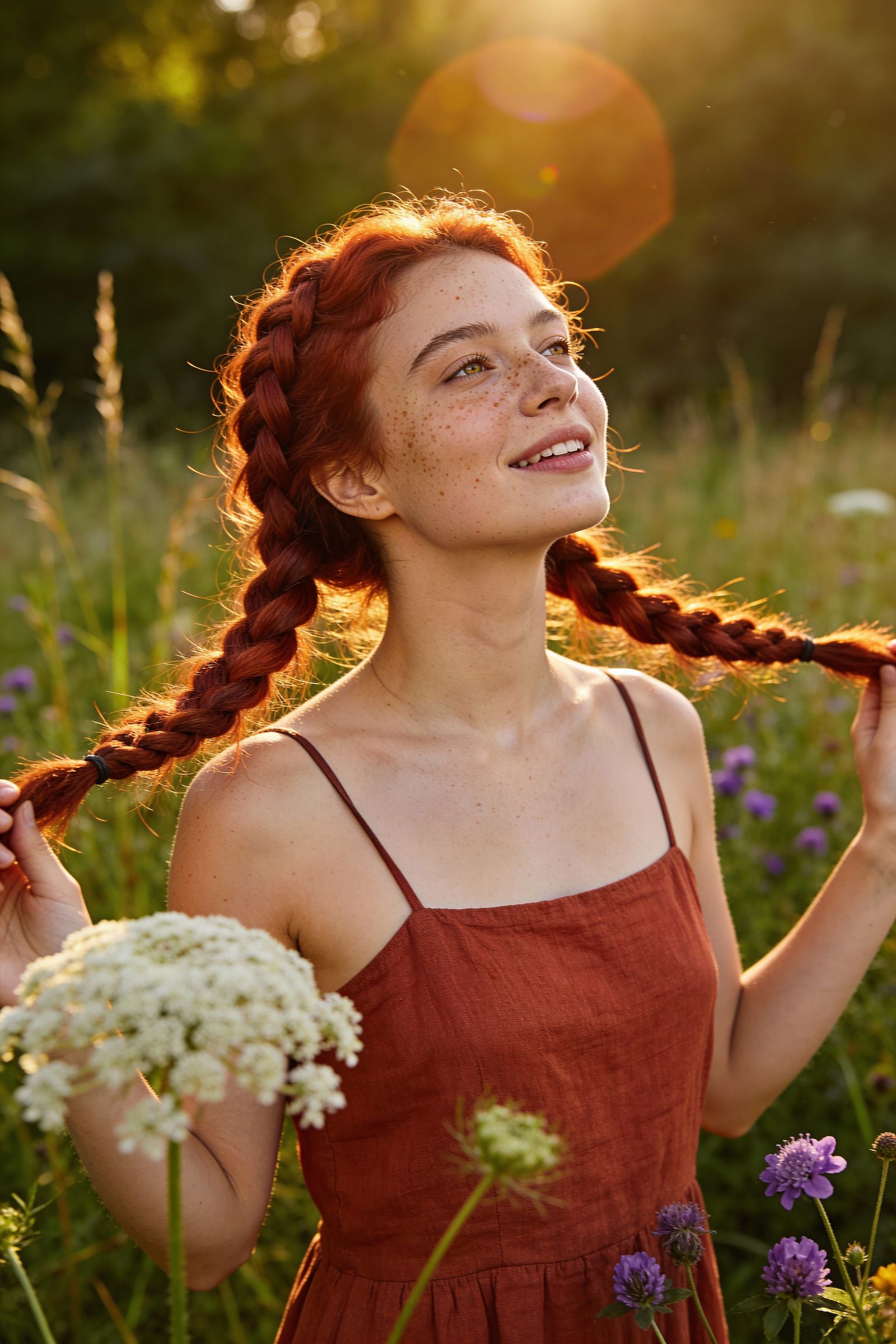 Woman With Copper Hair in Dutch Braids in Meadow