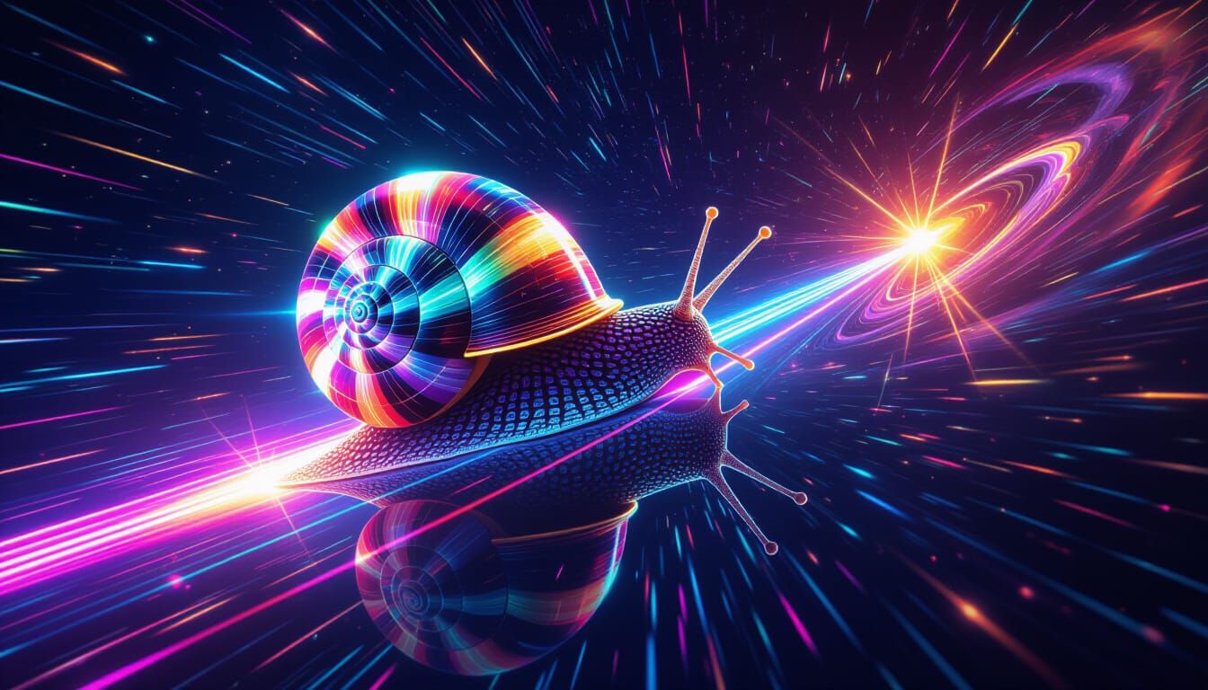 Psychedelic Laser Snail on Glowing Meteor in Deep Space