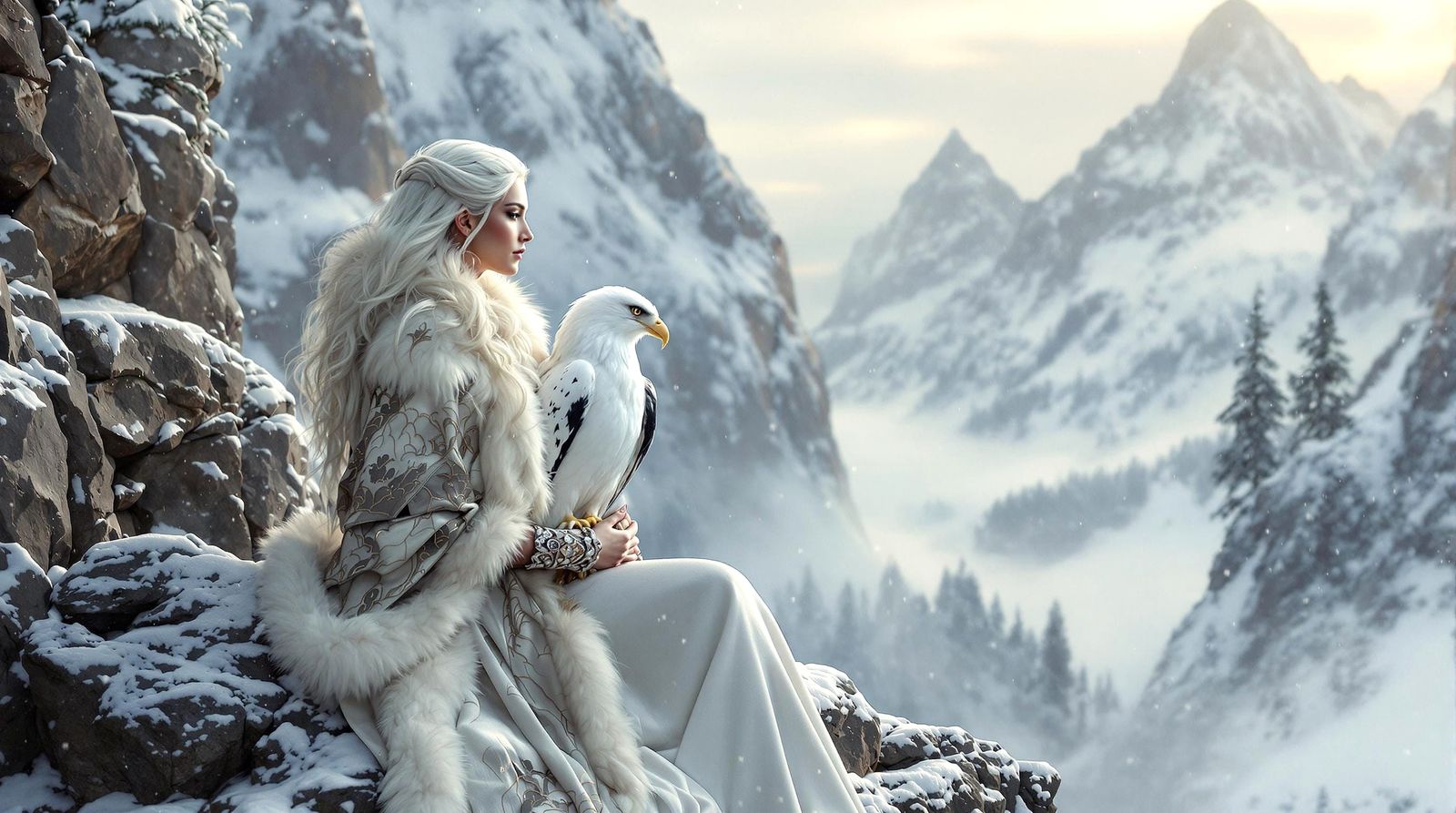 Ethereal Winter Scene with Mystical Woman and Eagle