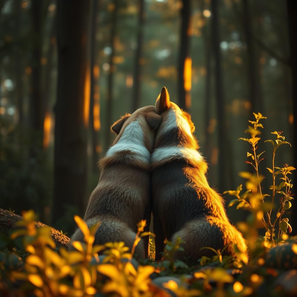 Dogs in Forest with Golden Light: Companionship