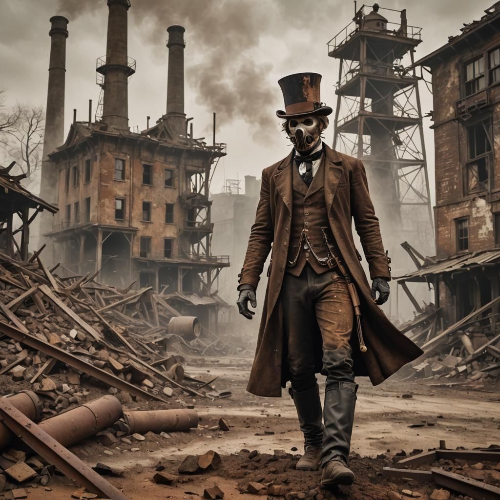 Steampunk Man in Ruined Village