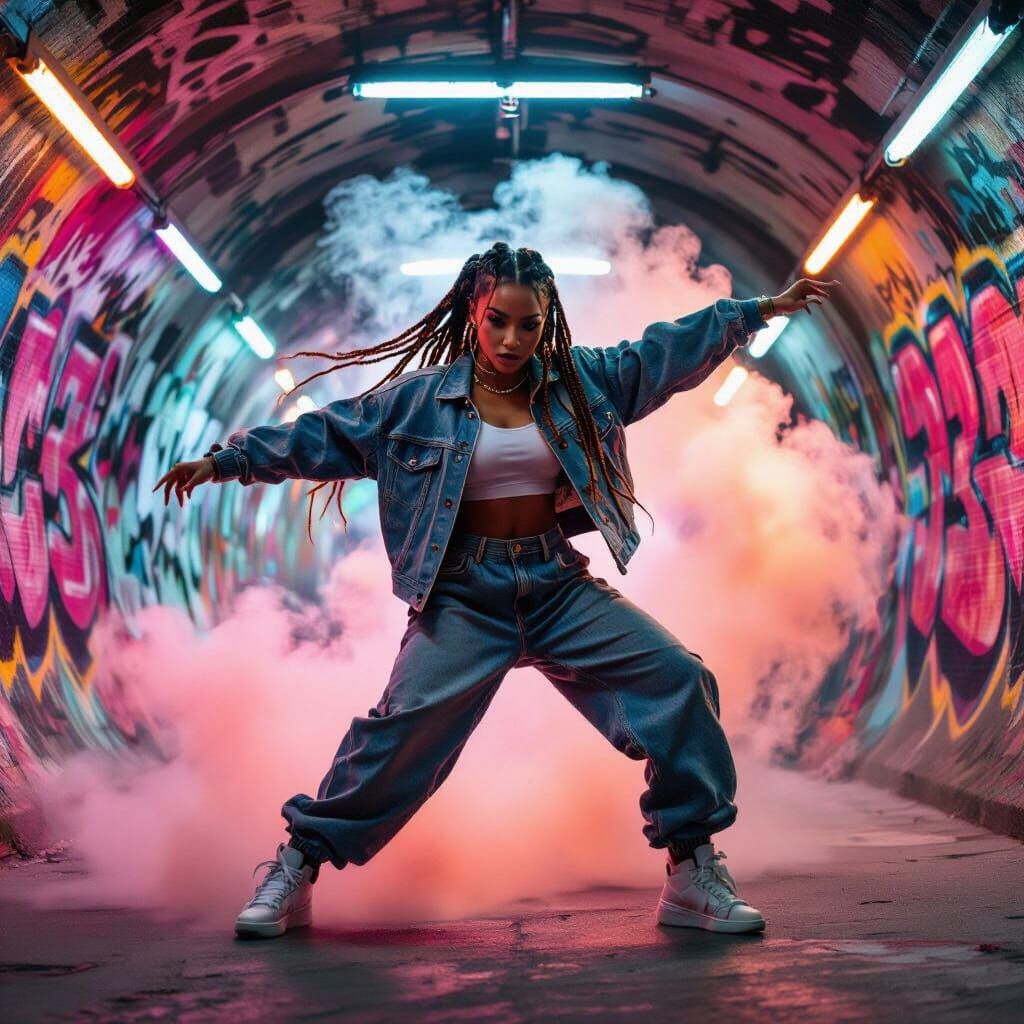 Hip Hop Dancer in Graffiti Tunnel with Swirling Smoke
