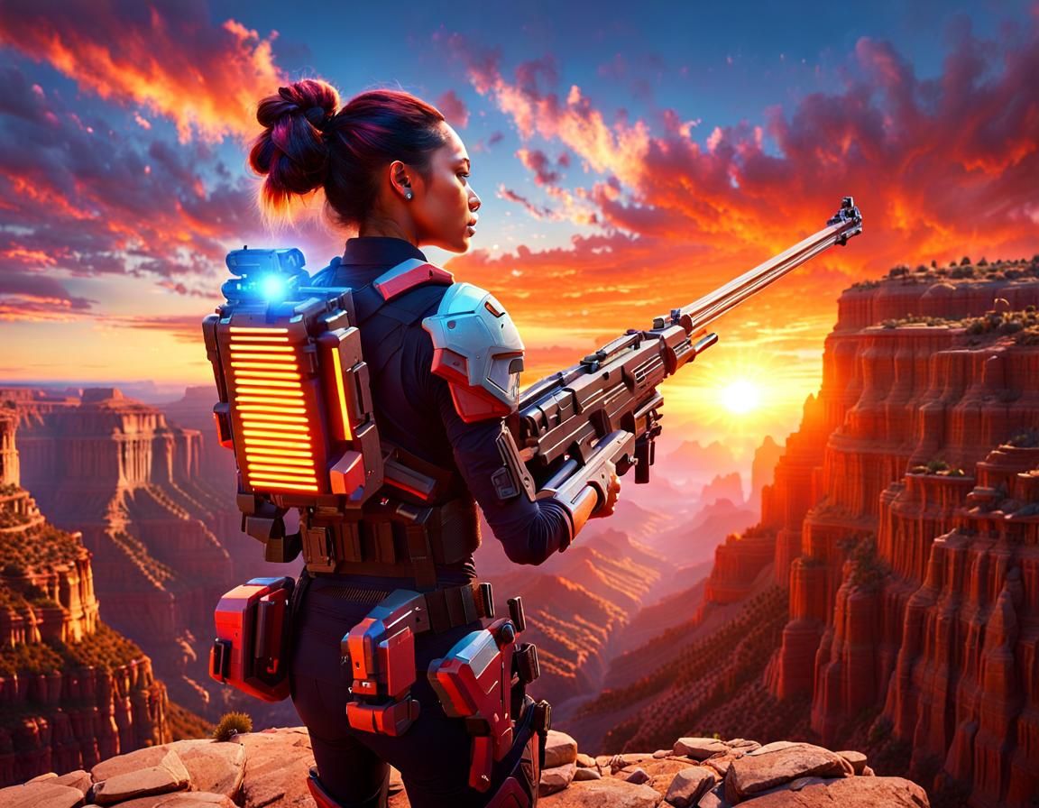 Cyborg Woman at Sunset Canyon: Sci-Fi Matte Painting