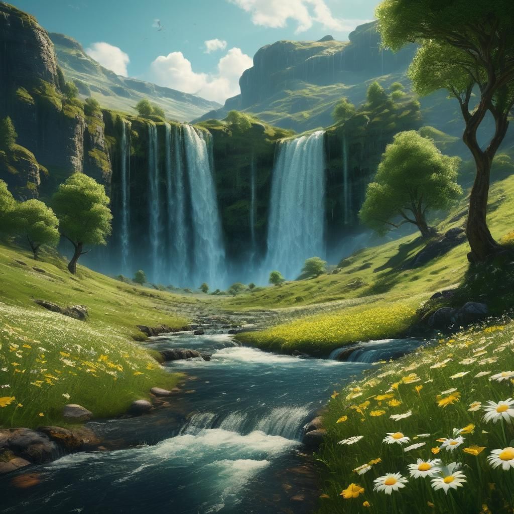 Lush Mountain Waterfall Landscape in Matte Painting Style