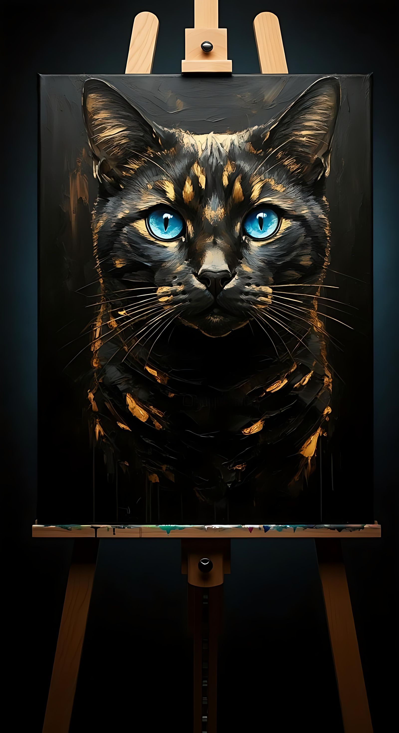 Grunge Style Black Cat Painting with Gold Highlights