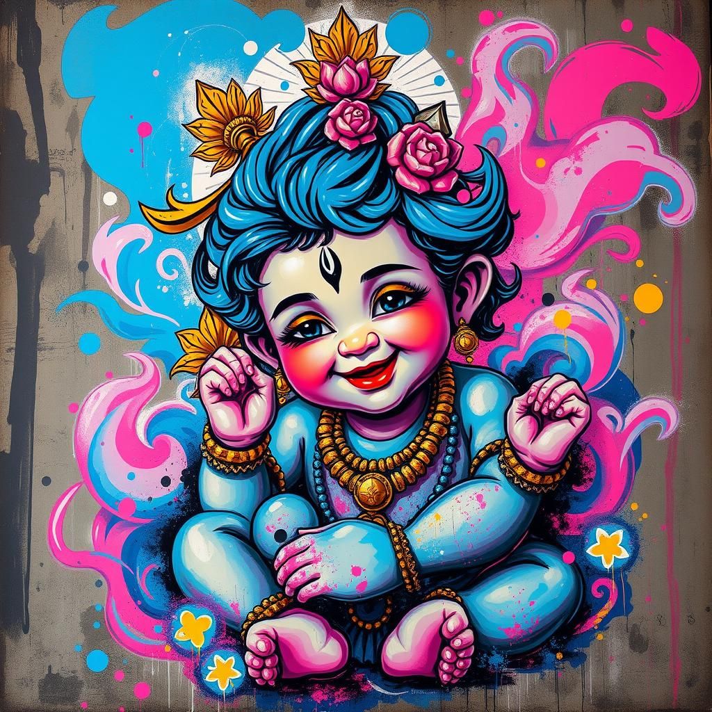 Baby Krishna in Dynamic Graffiti Art Style