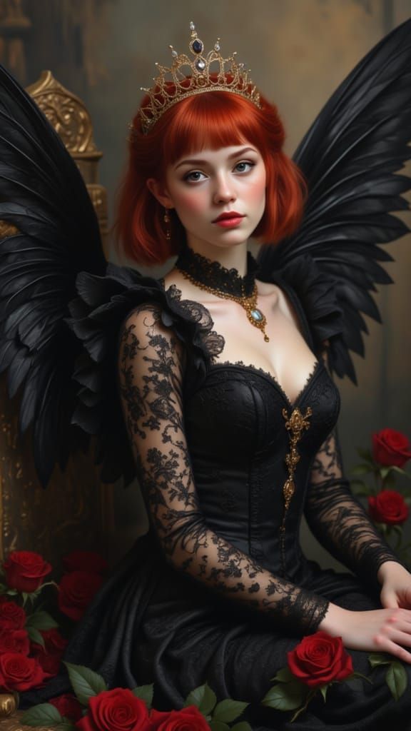 Goth Angel with Red Hair and Black Wings