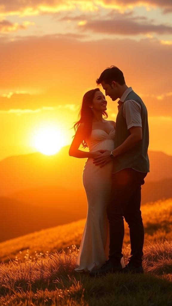 Couple Embracing on Sunset Hill in Disney Pixar Style