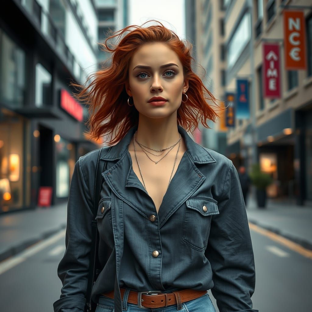 Blonde Woman in City Street, Hyperrealistic Style