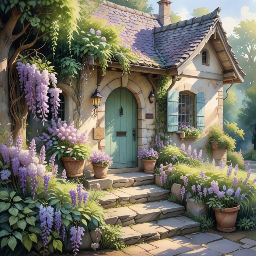 Charming Wisteria Cottage Watercolor Painting