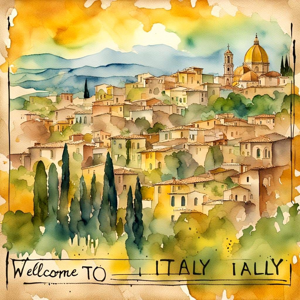 Vintage Watercolor Postcard of Sicily in Autumn