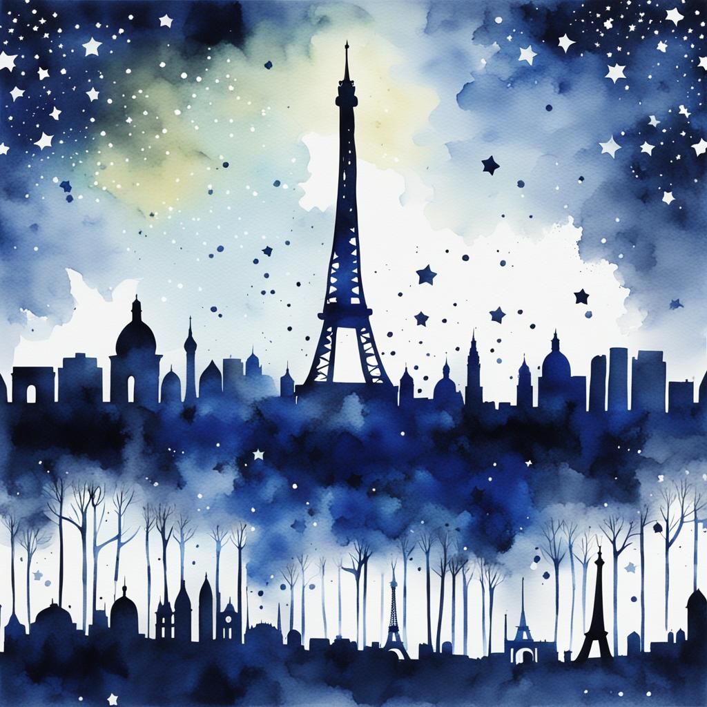 Paris Skyline in Whimsical Watercolor Style
