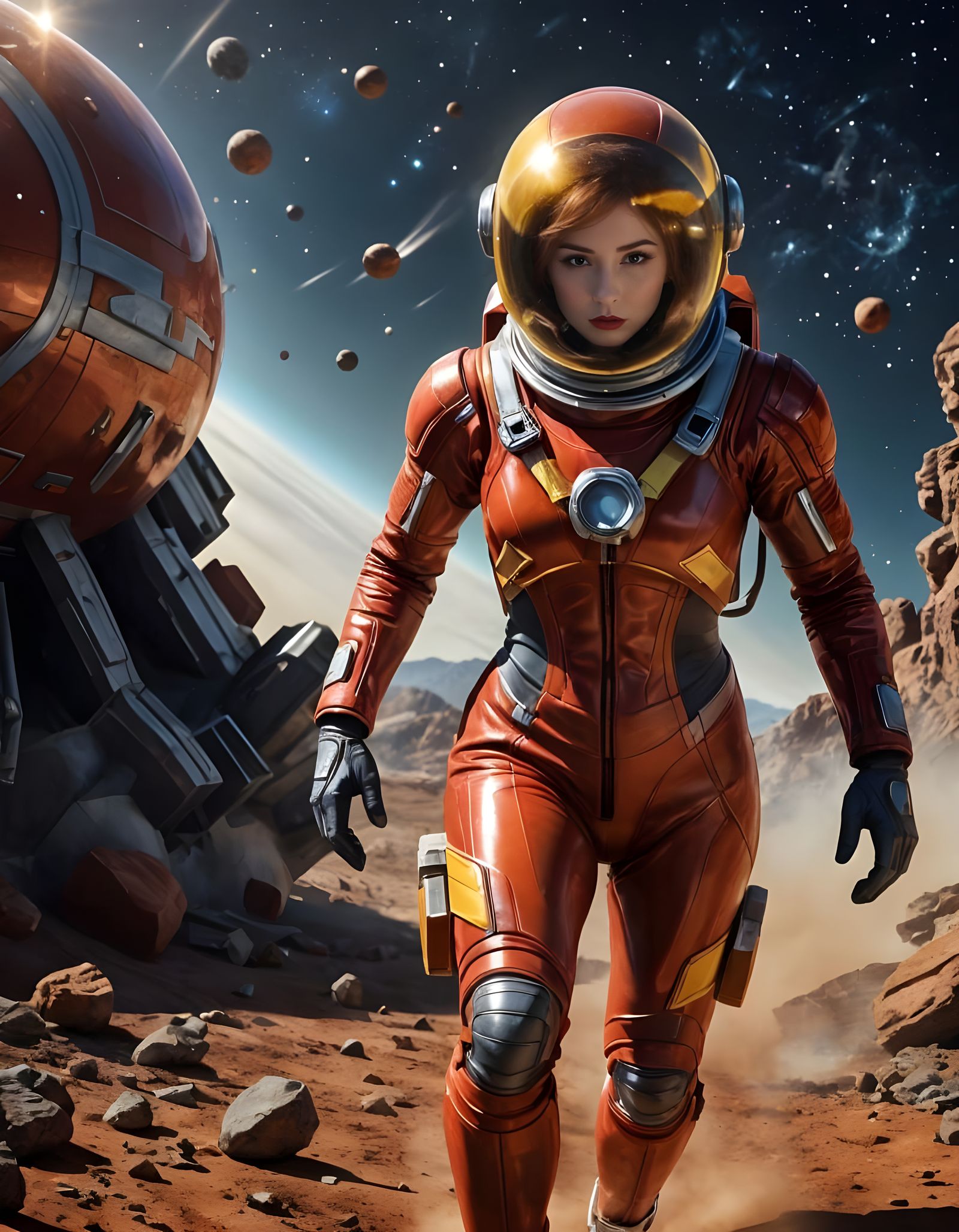 Fierce Space Explorer in Red Spacesuit on Alien Planet