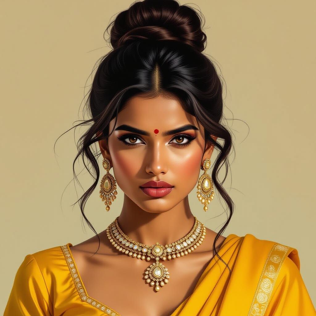 Indian Woman in Yellow Portrait, Hyperrealistic Digital Art