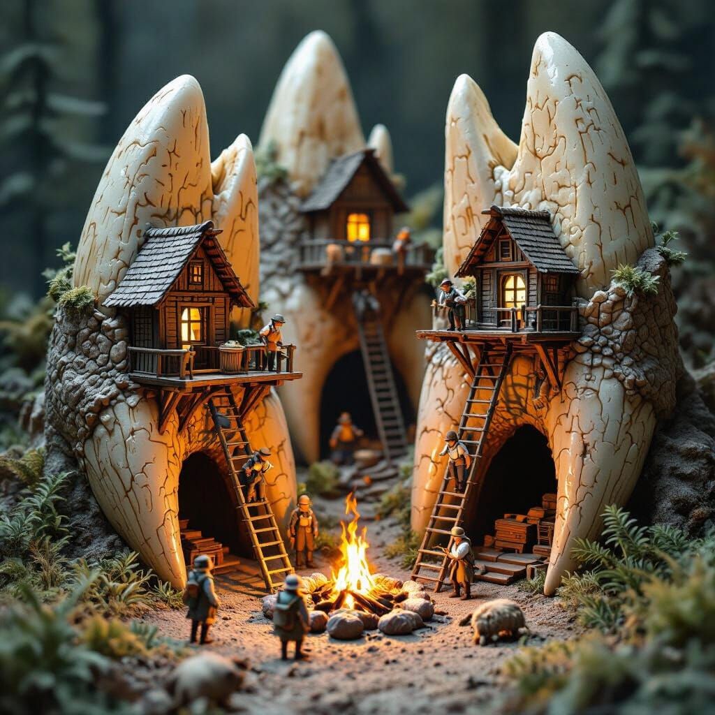 Miniature Diorama Inside Giant Dinosaur Teeth