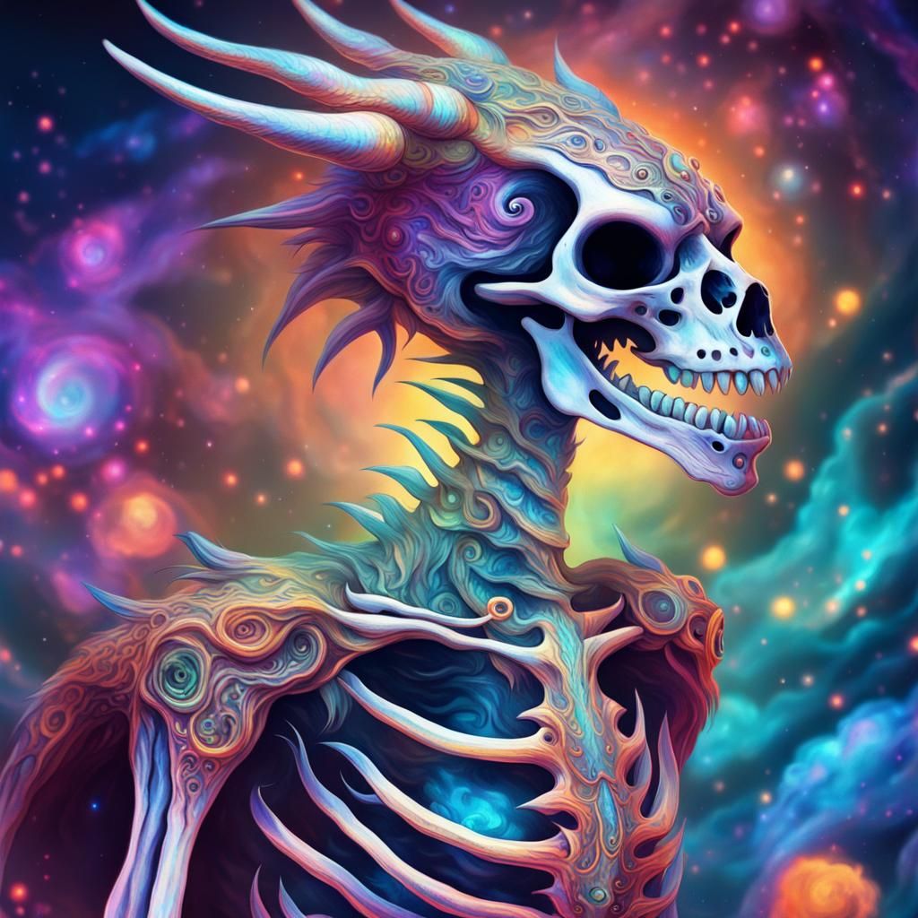 Humorous Skeleton Dragon in Cosmic Astral Illustration