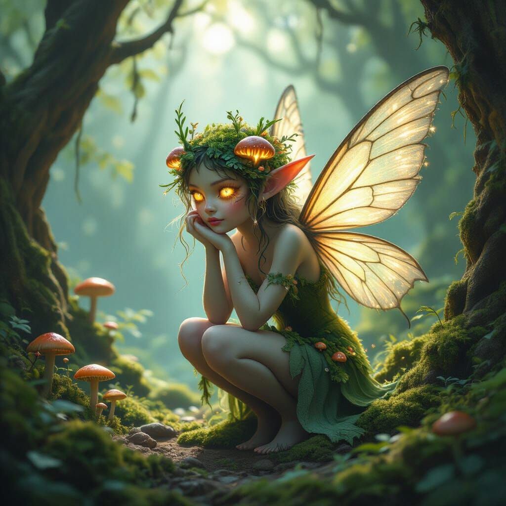 Moss Fairy in Grotto: Hyperrealistic Digital Art