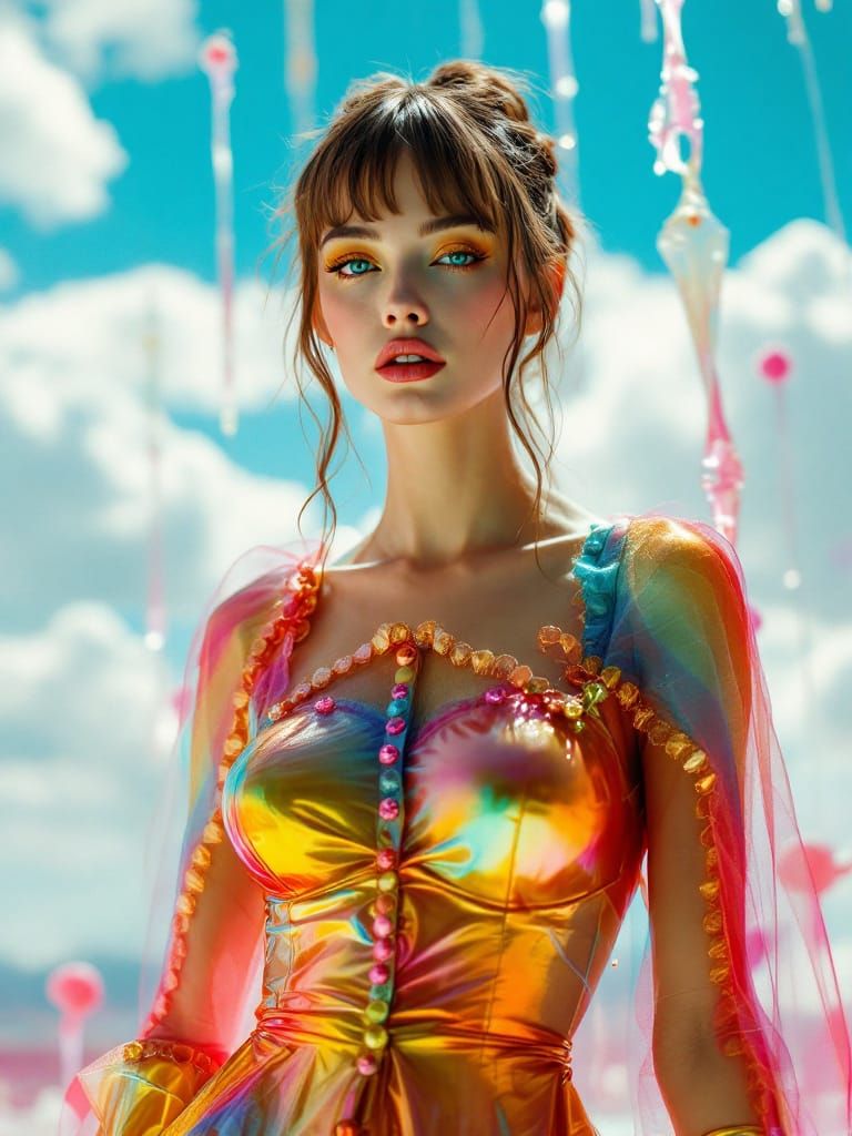 Vibrant Pin-Up Woman in Metallic Gold Sundress