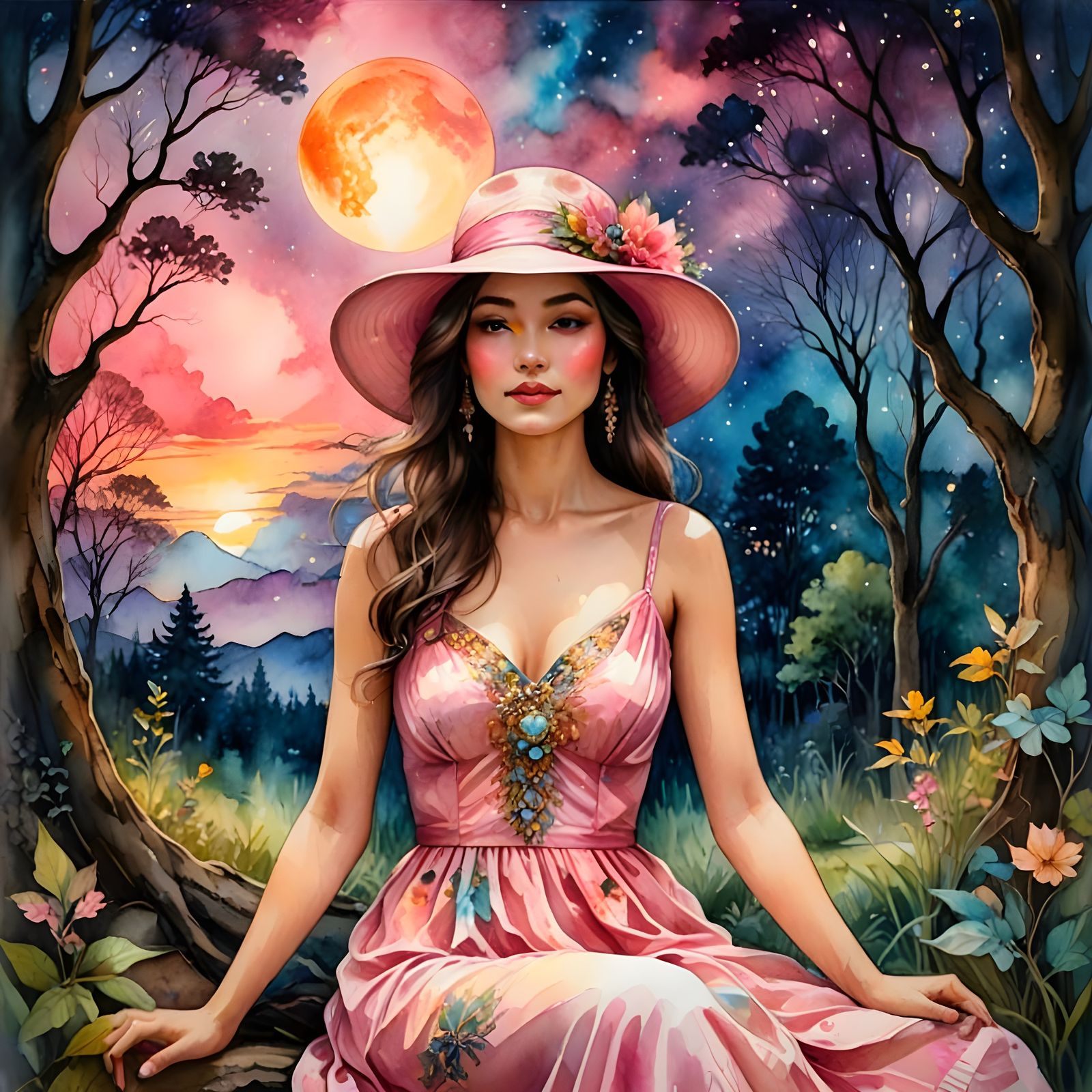 Exotic Beauty in Dreamlike Cosmic Setting, Oil Painting Styl...