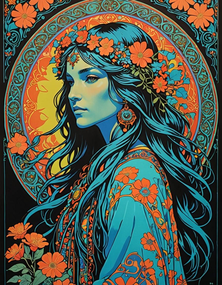 Hippie Girl with Flowers in Alphonse Mucha Style