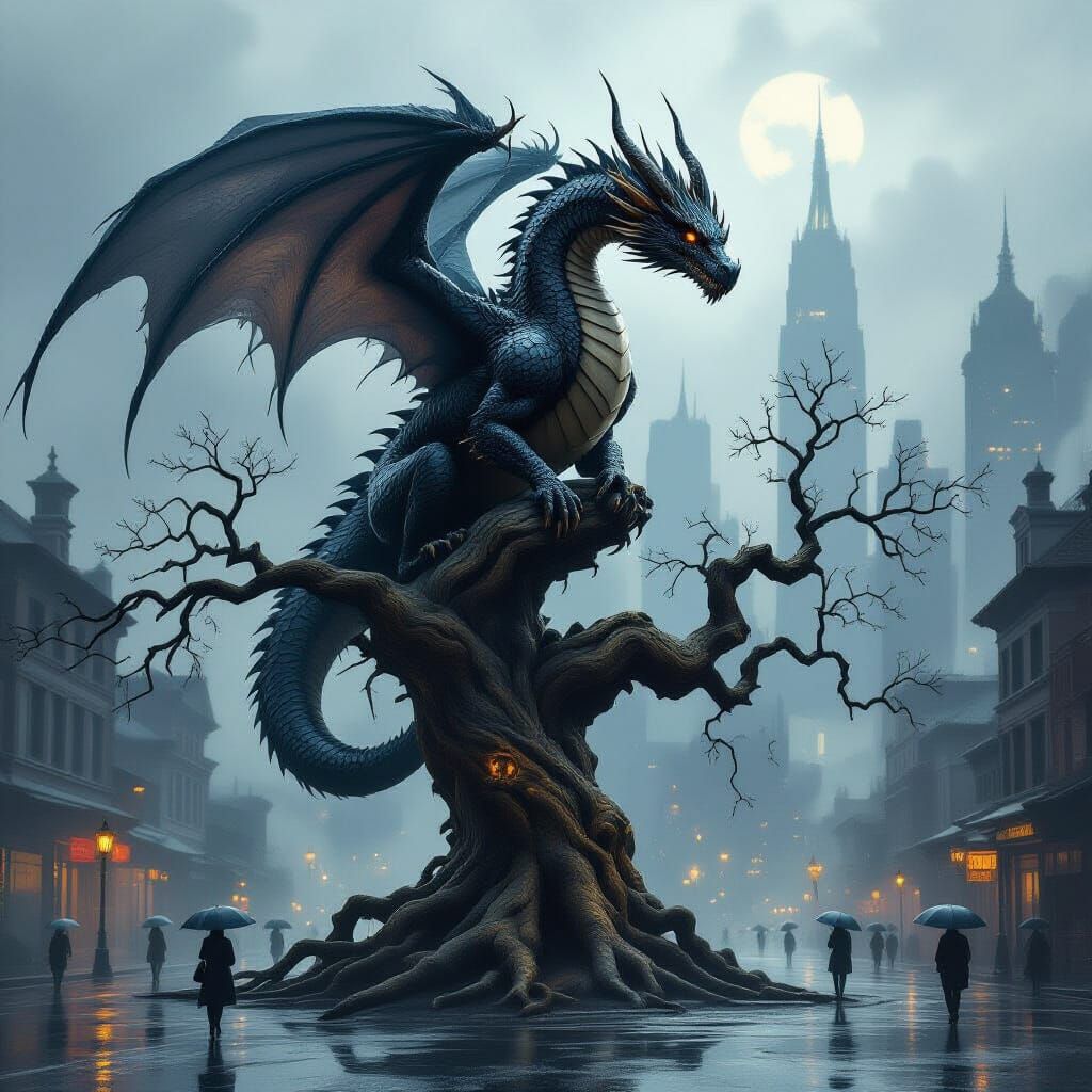 Majestic Fire Dragon Over Smoggy Cityscape