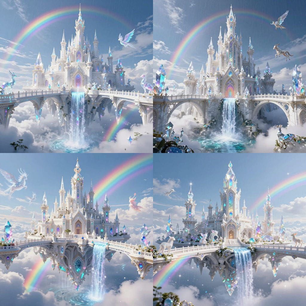 Crystal City in Sky with Spires and Waterfalls