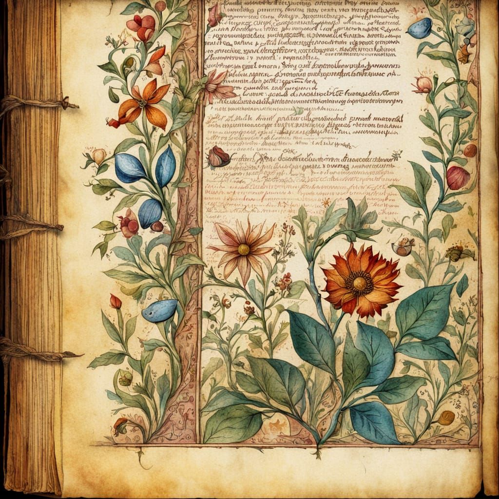 Illuminated Medieval Manuscript with Botanical Illustrations