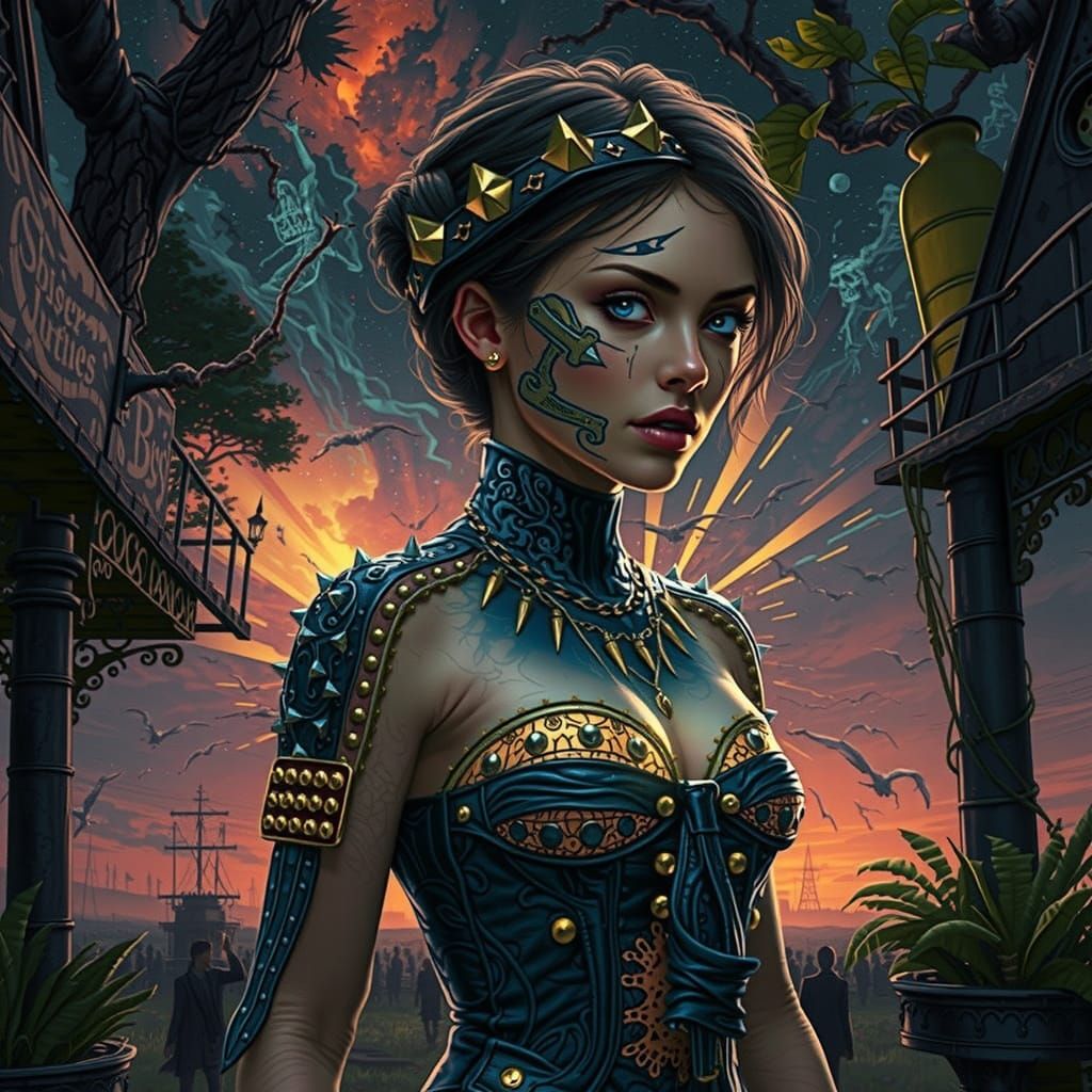 Dark Fantasy Woman in a Haunting Landscape