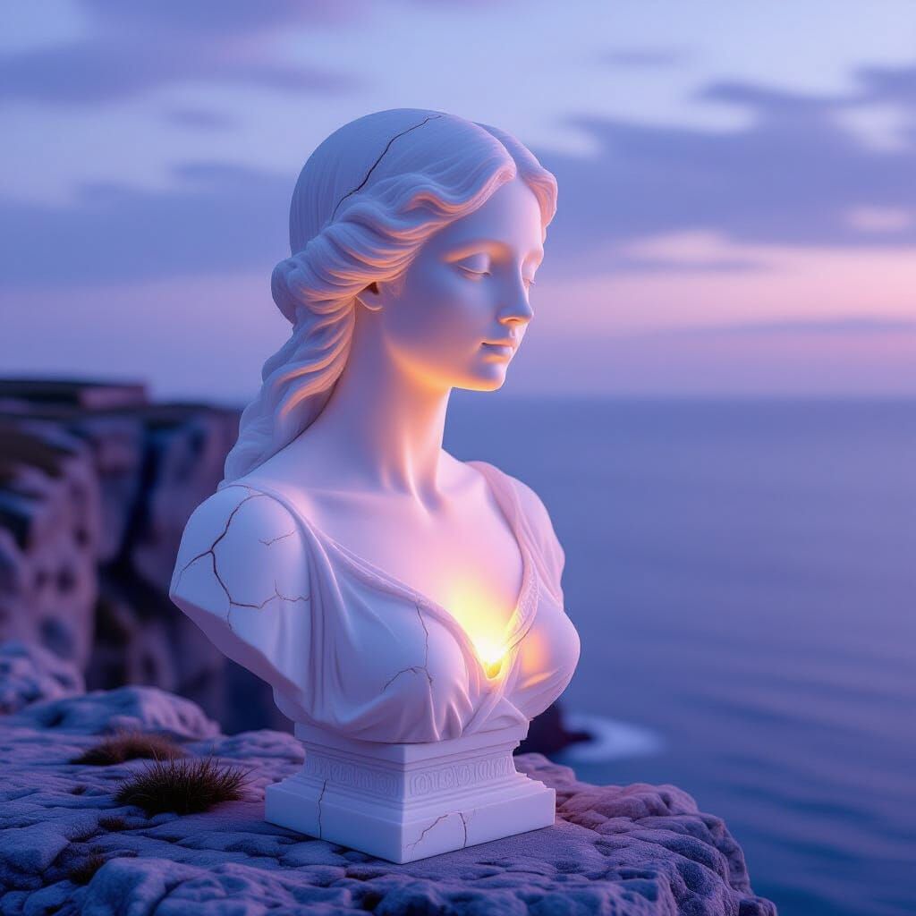 Ethereal Alabaster Bust Overlooking Violet Sea