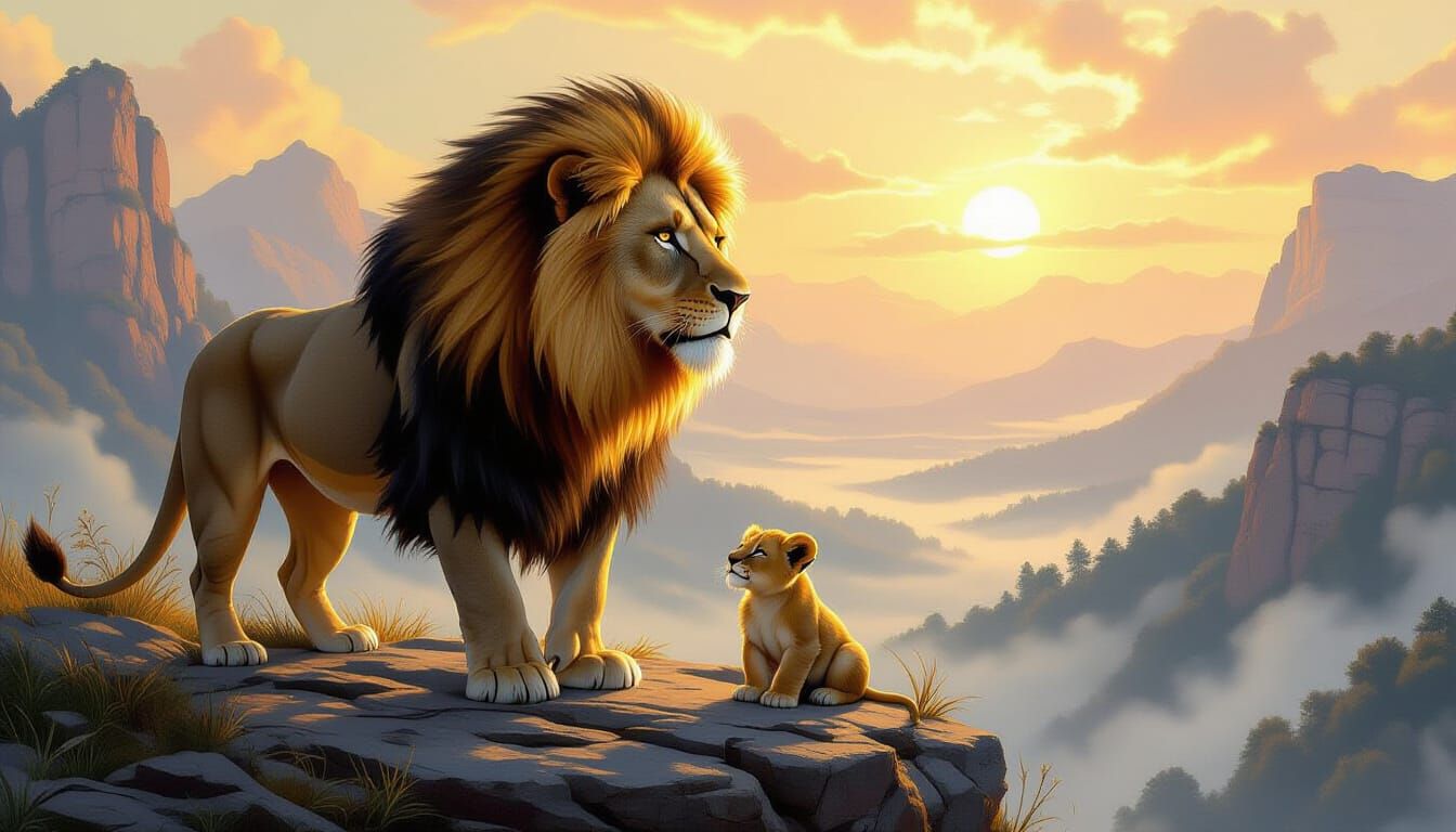 Majestic Lion Overlooking Misty Valley in Golden Light