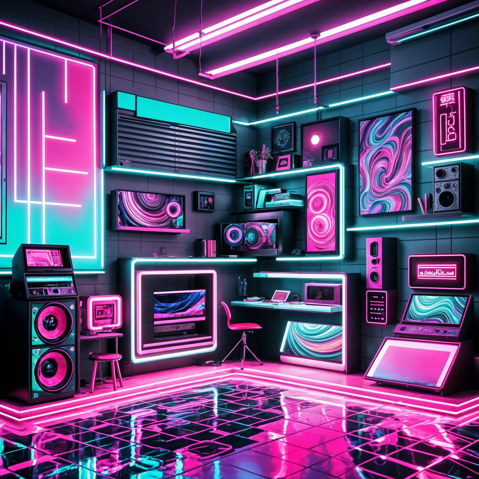 Vaporwave Room with Neon and Chrome Accents
