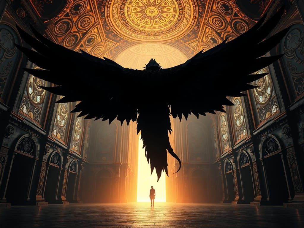 Majestic Winged Figure Dominates Grand, High-Ceilinged Hall ...