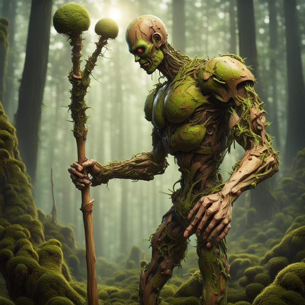 Muscular Wooden Android in Redwood Forest