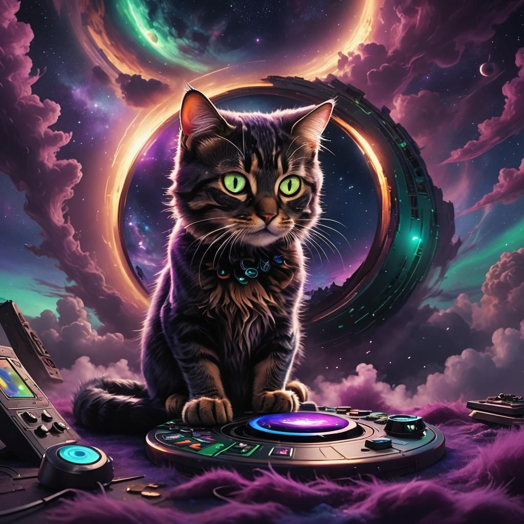 Cat Gamer with Black Hole in Fantasy Art Style
