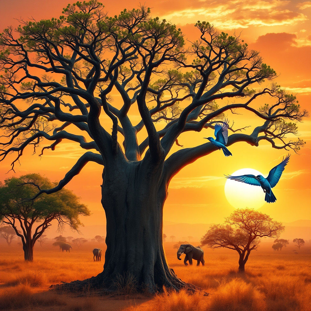 Baobab Tree at Sunrise in Impressionistic Style