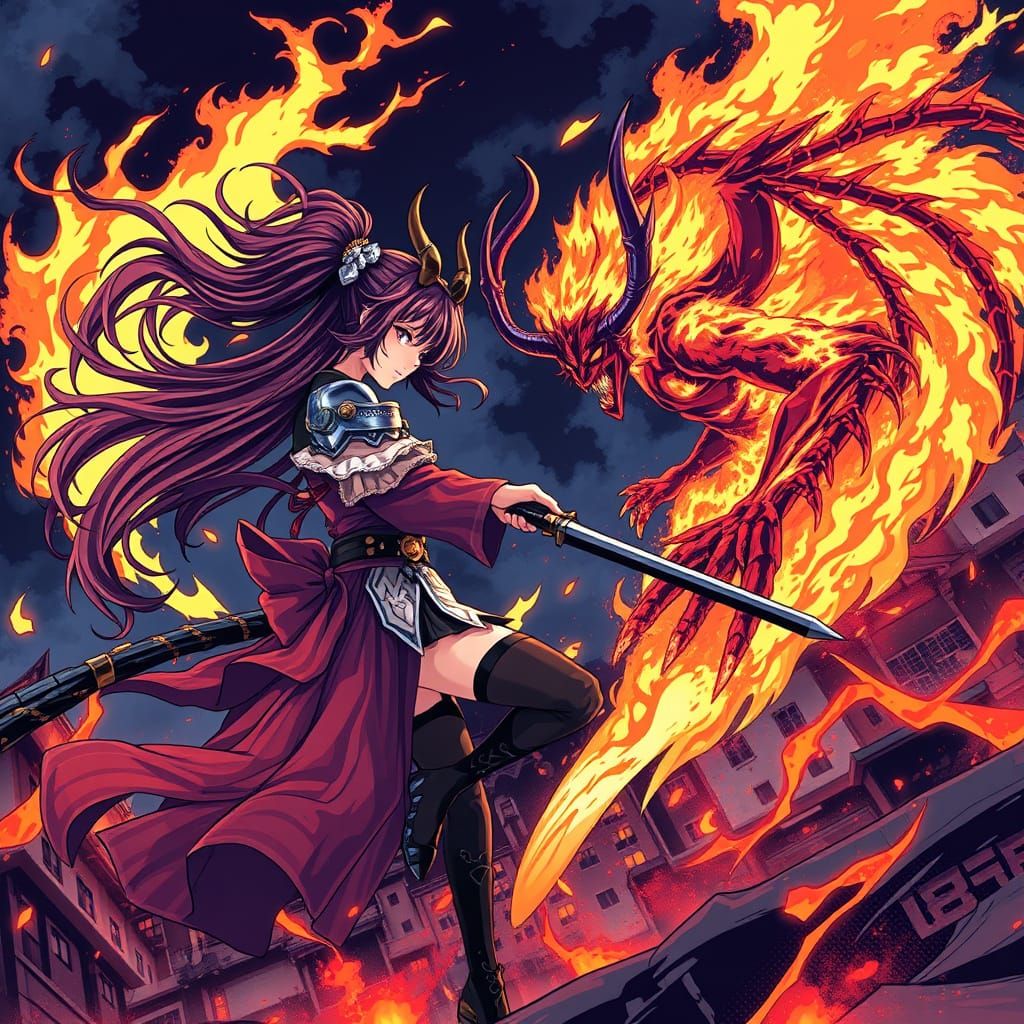 Anime Heroine Battles Dark Demon in Fiery Cityscape, in Stud...