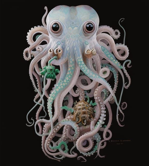 Detailed Book Illustration: Octopus and Sea Life