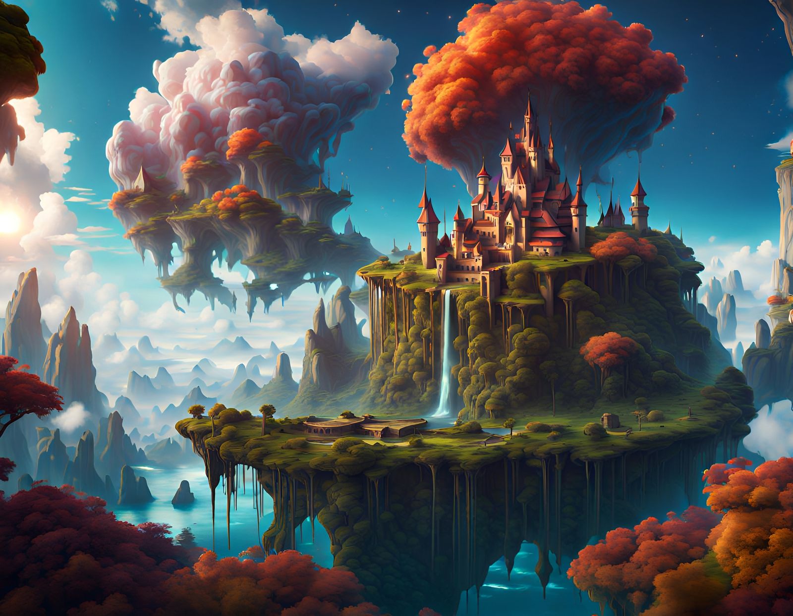 A breathtaking fantasy world with a floating island, surrounded by mystical clouds and vibrant landscapes. (Gen 2)