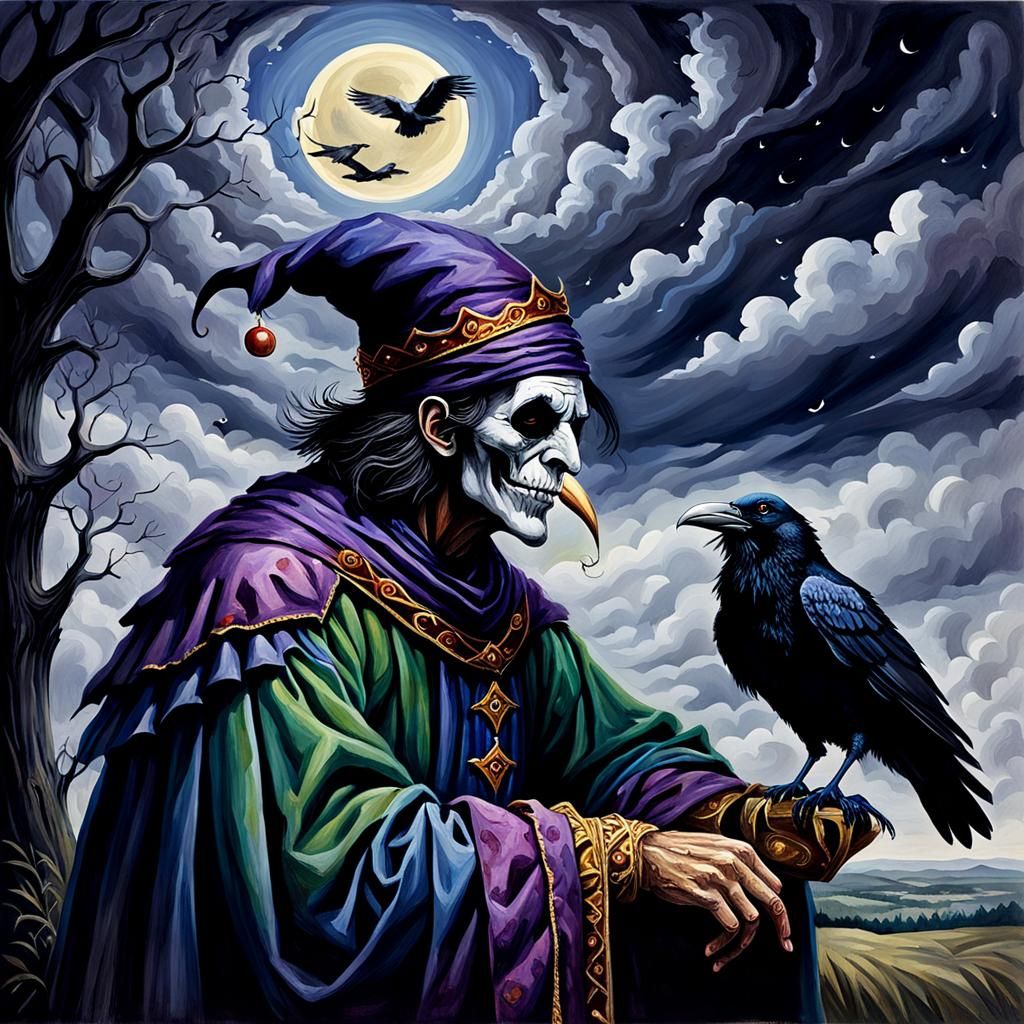 Gouache Painting: Jester Asleep, Raven in Dark Sky