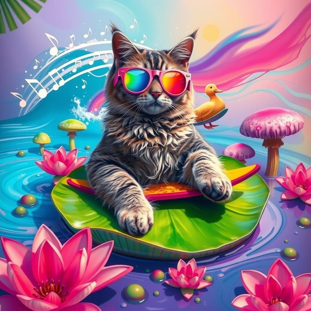 Psychedelic Cat Pond Party in Splash Art Style
