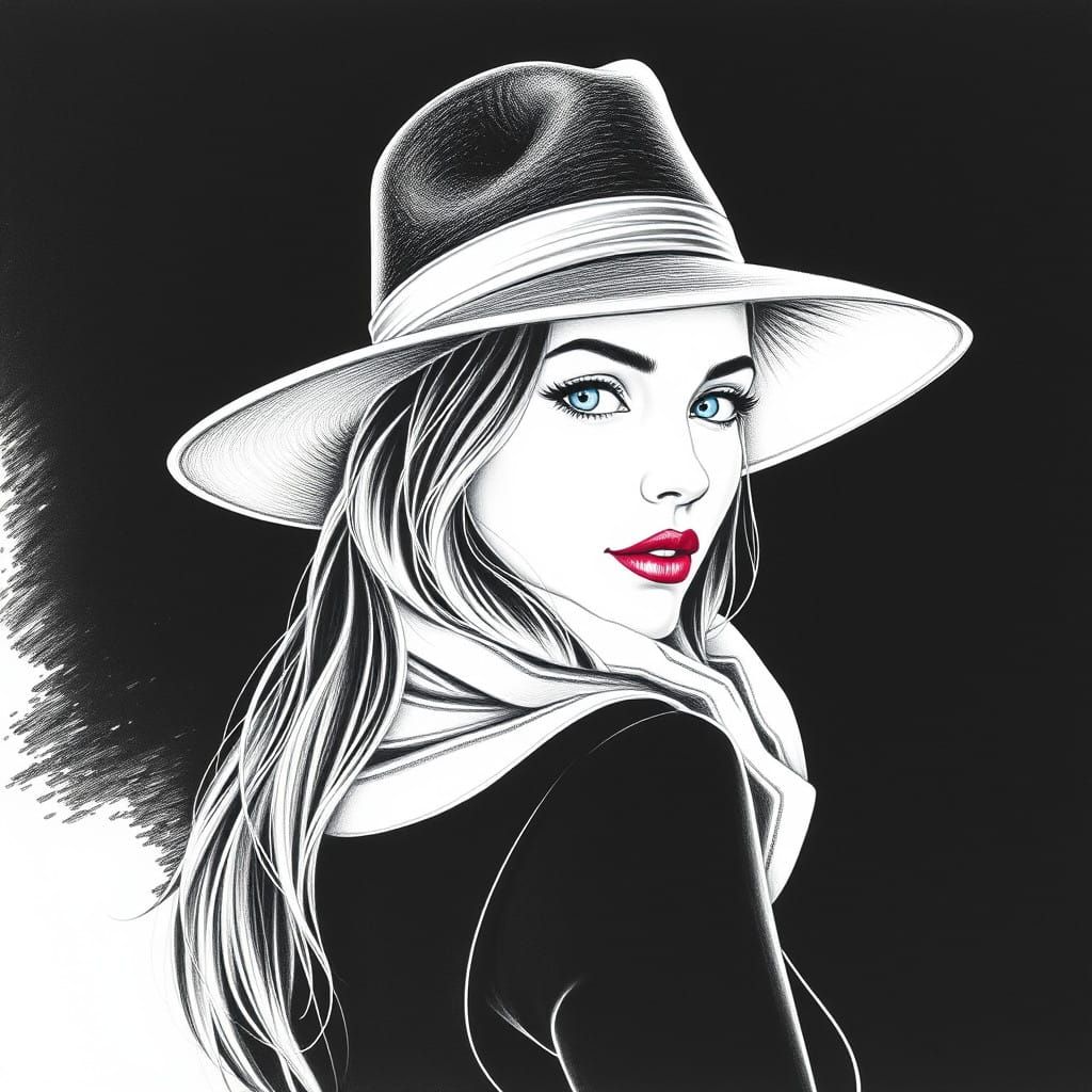 Woman in Profile Wears Wide Brimmed Hat and Winter Scarf, Lo...