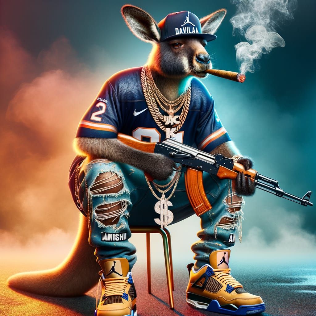 Surreal Rapper Kangaroo Wears Drip Style Attire, AK47, and S...