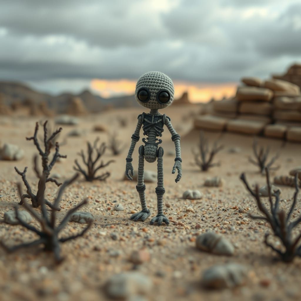 Crochet Cyborg Amidst Desolate Landscape