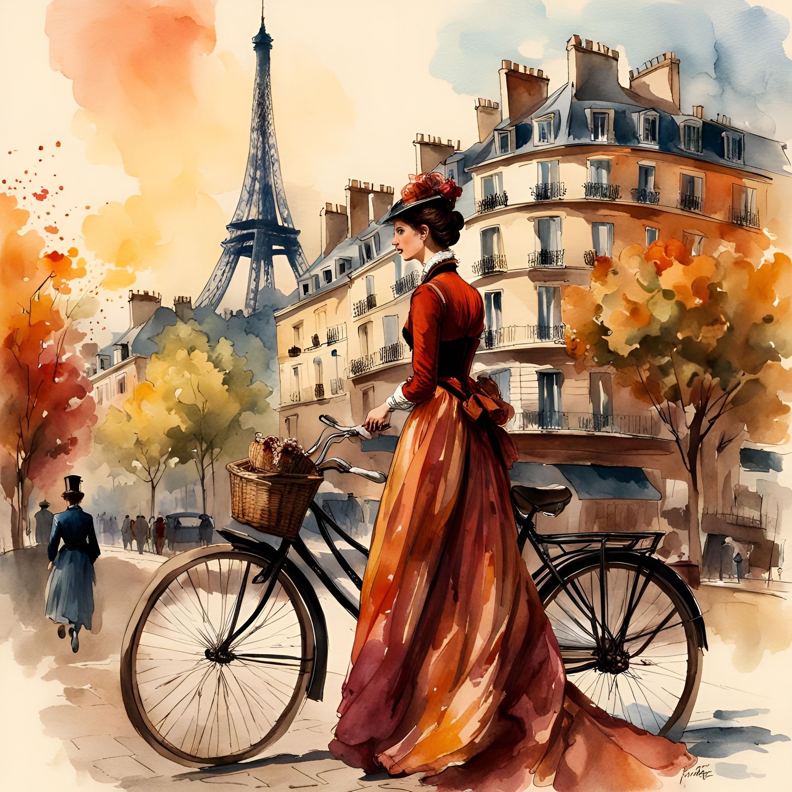 Parisian Woman Rides Bicycle: Watercolor Aetherpunk Illustra...