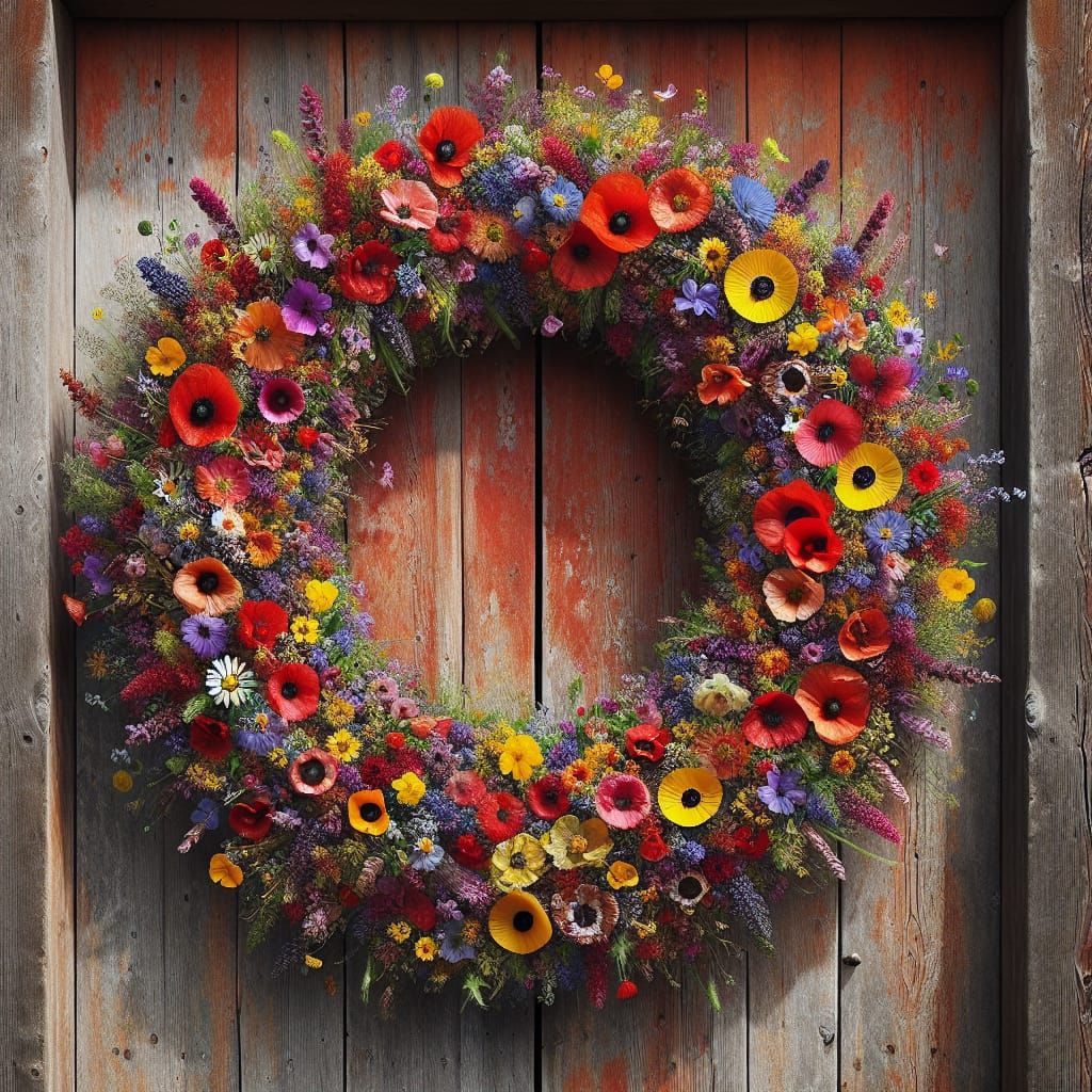 Rustic Wildflower Wreath Adorns Weathered Door