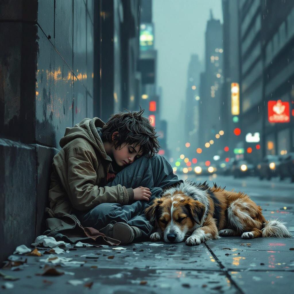 Homeless Boy and Dog Sleeping in City, Film Noir Style